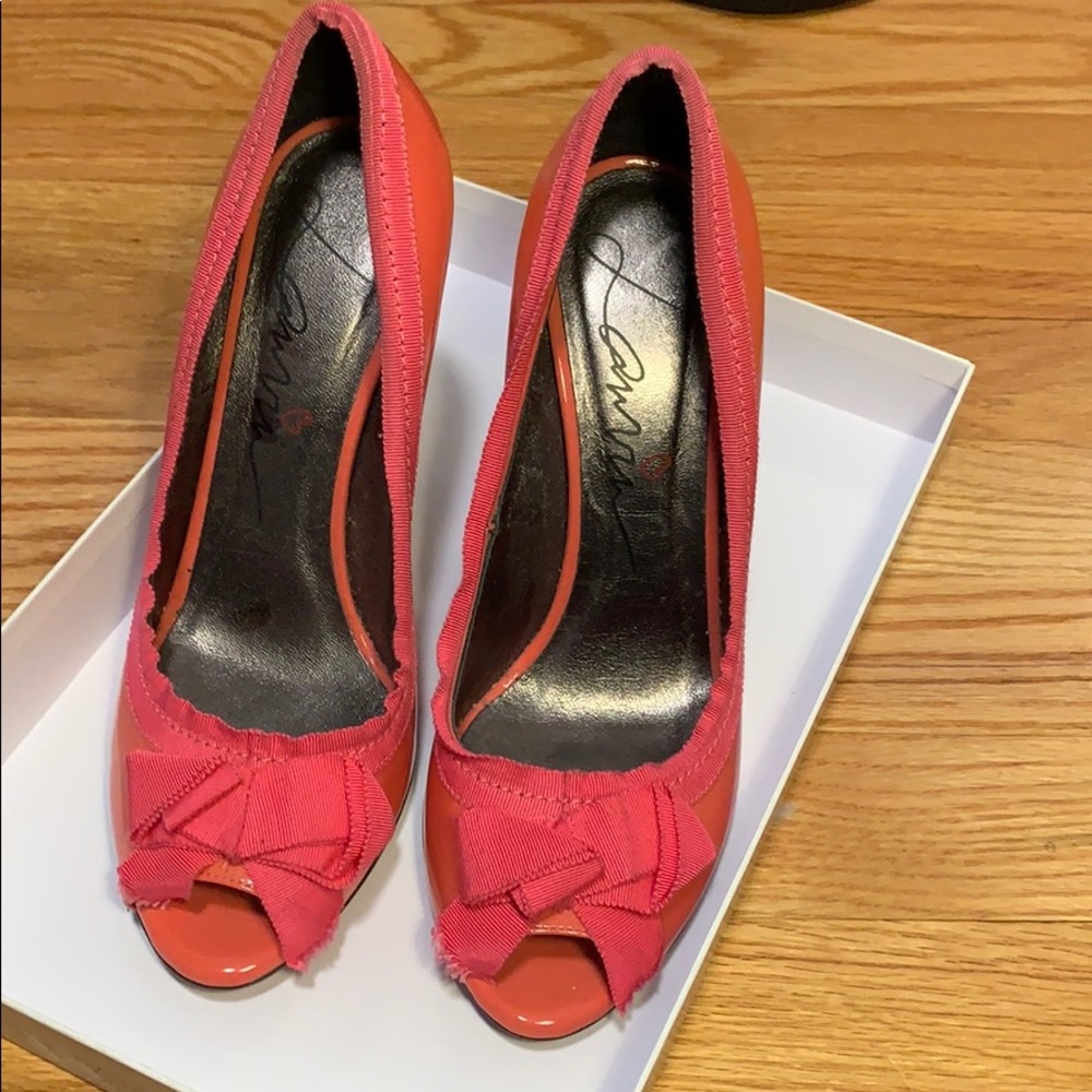 Coral and pink Lanvin peep toe pumps. Never worn.
